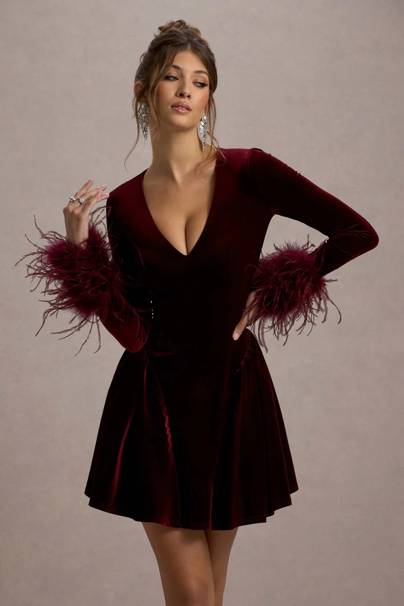 Pasilla Port velvet plunge-neck mini dress with feather trim cuffs — Club L London | Endless UAE