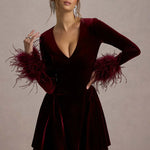 Pasilla Port velvet plunge-neck mini dress with feather trim cuffs — Club L London | Endless UAE