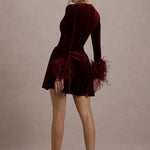 Pasilla Port velvet plunge-neck mini dress with feather trim cuffs — Club L London | Endless UAE