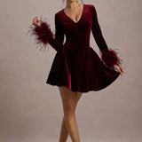 Pasilla Port velvet plunge-neck mini dress with feather trim cuffs — Club L London | Endless UAE