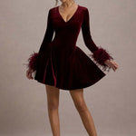 Pasilla Port velvet plunge-neck mini dress with feather trim cuffs — Club L London | Endless UAE