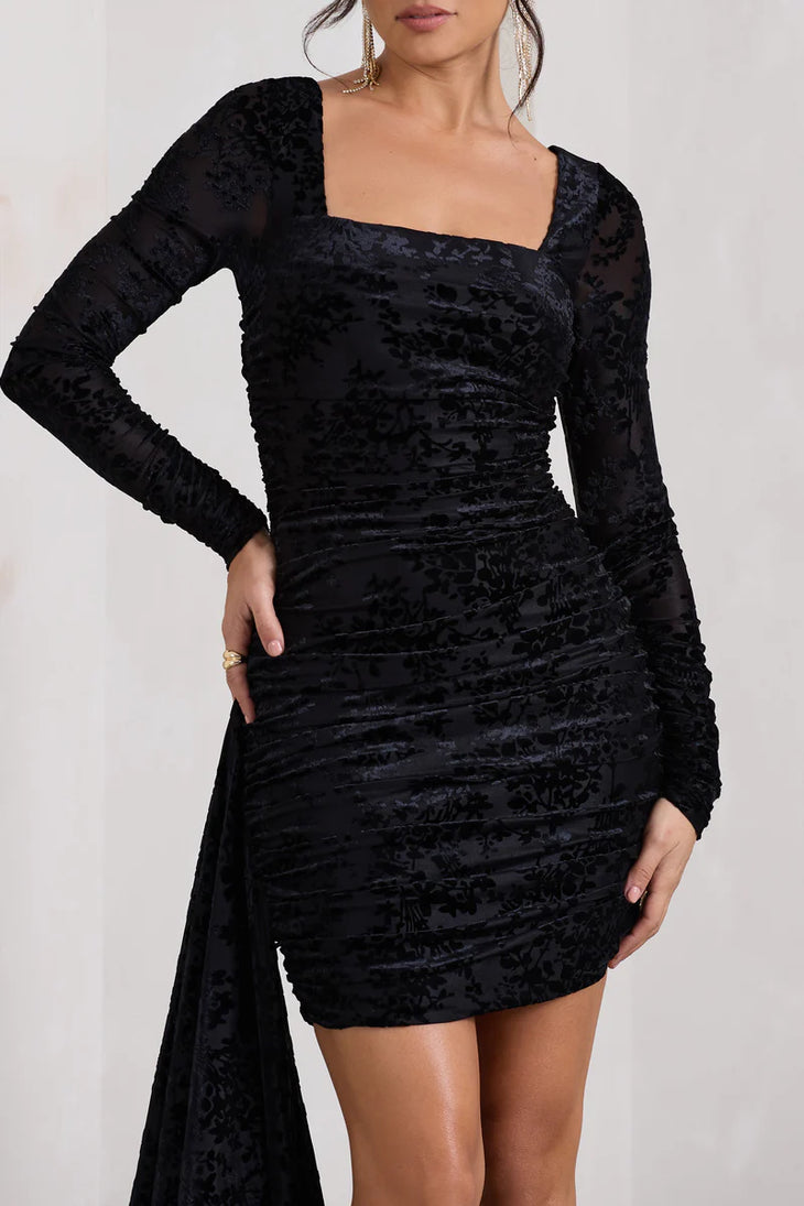 Black velvet floral bodycon mini dress with long sleeves and ruffled details — Club L London | Endless UAE