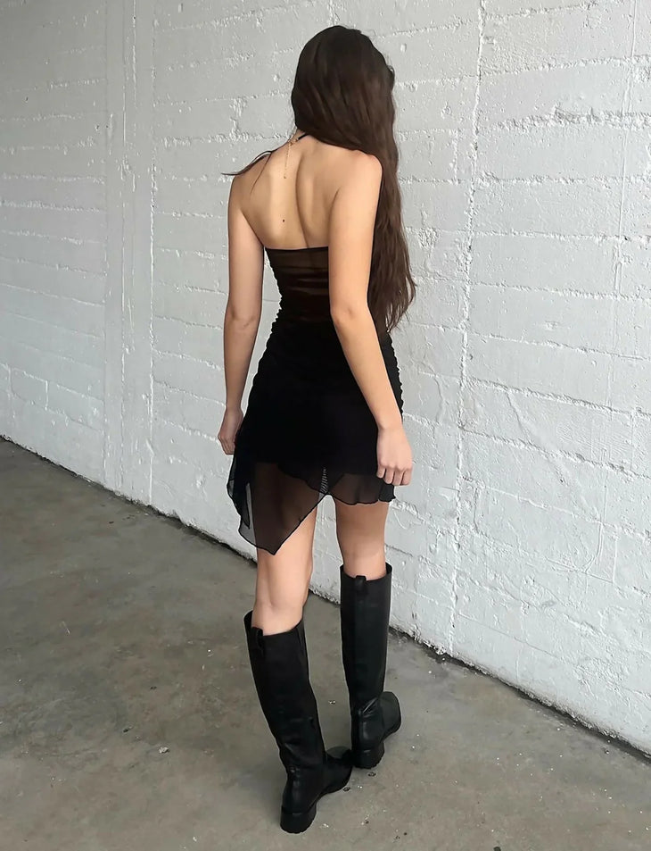 Black strapless Tanner Dress with ruched detailing and sheer overlay skirt — Tiger Mist | Endless UAE