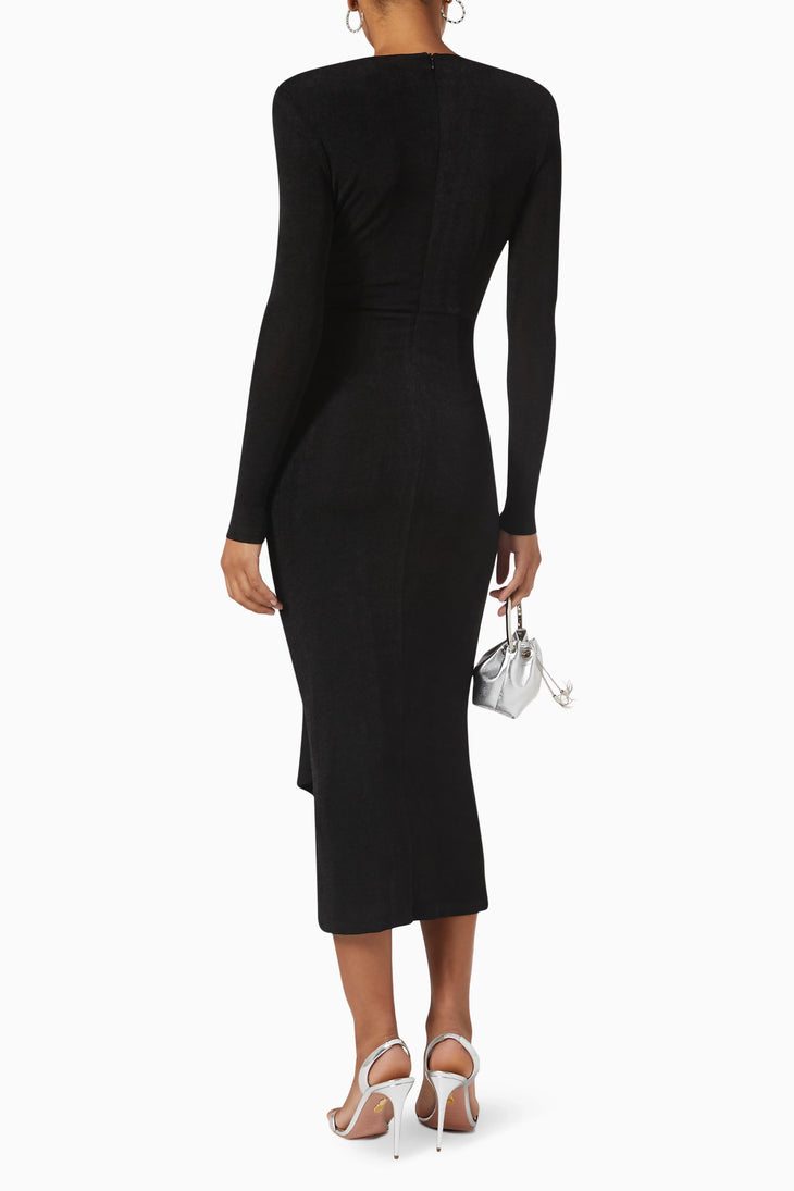 Black long-sleeve midi dress with deep V-neckline and twisted front detail — Misha | Endless UAE