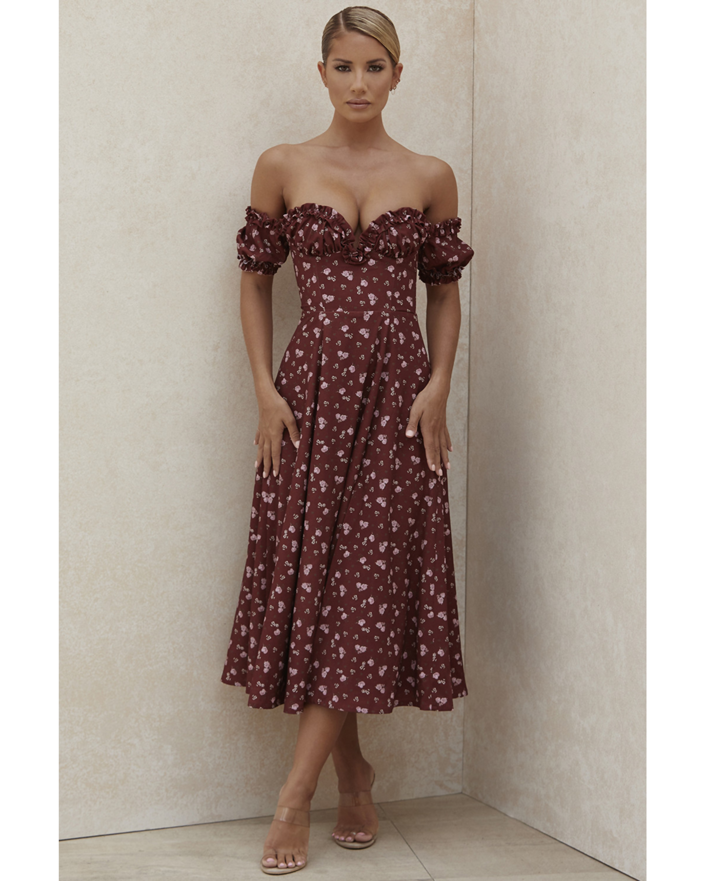 Lauren Wine Floral Strapless Midi Dress