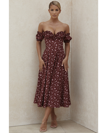 Lauren Wine Floral Strapless Midi Dress