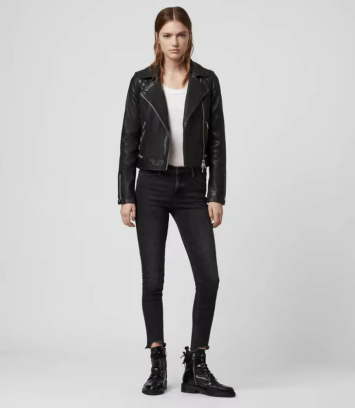 Black leather biker jacket with asymmetrical zip closure and collar — All Saints | Endless UAE