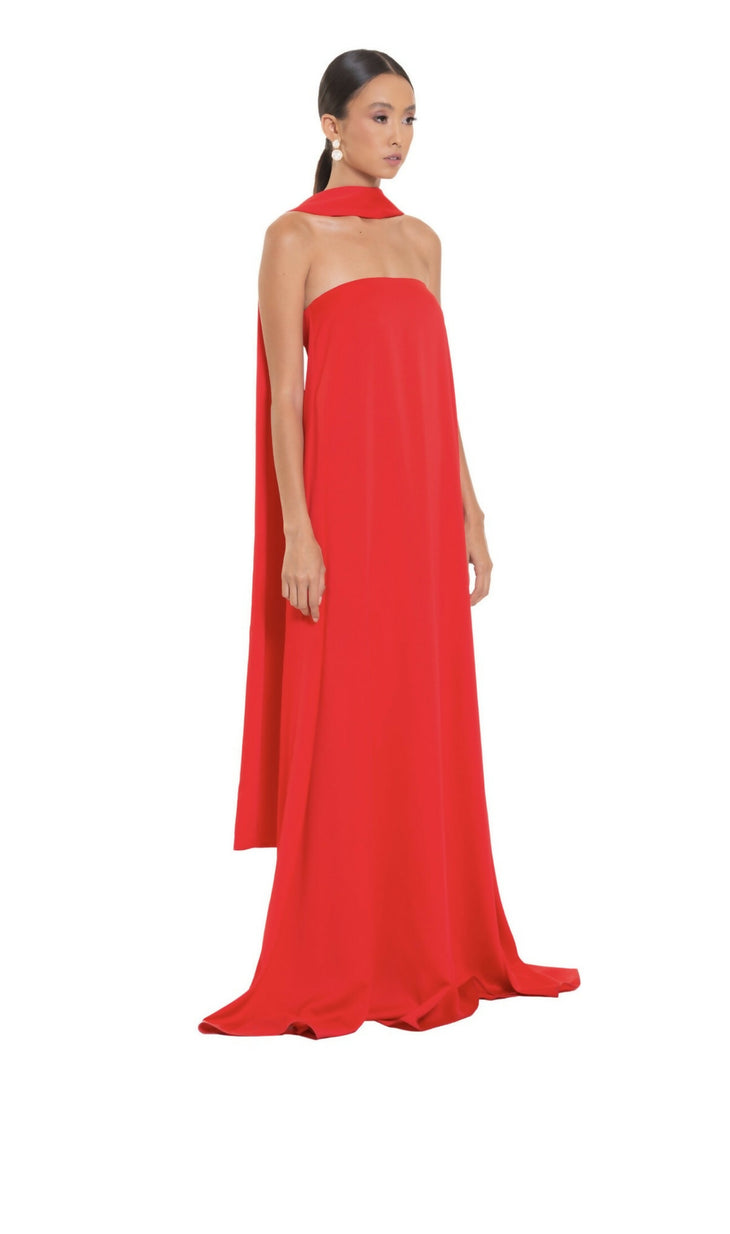 Red halter neck strapless maxi dress with flowing cape detail and train — The Concept | Endless UAE