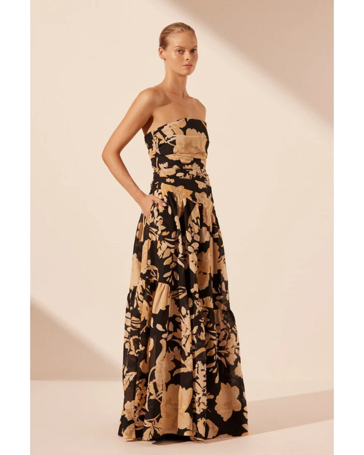 Xenia Strapless Tiered Maxi Dress in black and tan floral print — Shona Joy | Endless UAE