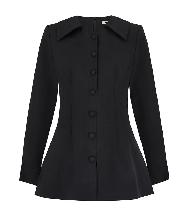 Black long-sleeved button-front shirt with oversized collar and flared peplum hem — Odd Muse | Endless UAE