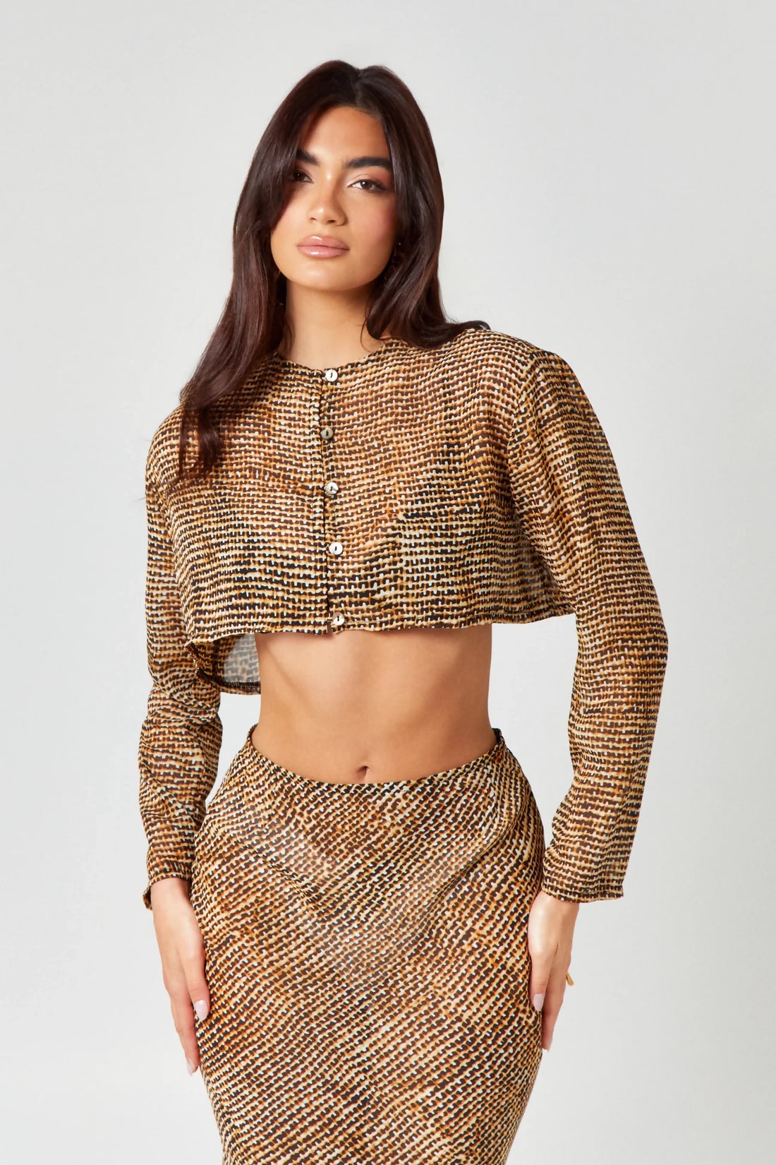 Gold textured crop top and skirt set with button front closure — Endless | Endless UAE