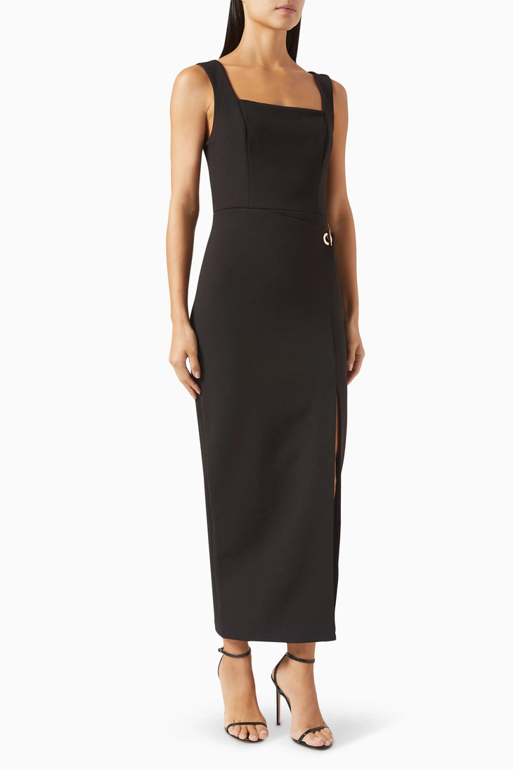 Black sleeveless midi dress with square neckline and side slit — Mossman | Endless UAE