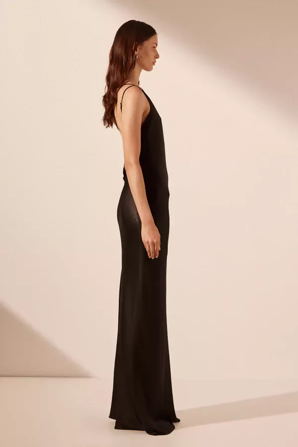 Elegant black one shoulder maxi dress with cowl back detail, shown from side view — Shona Joy | Endless UAE
