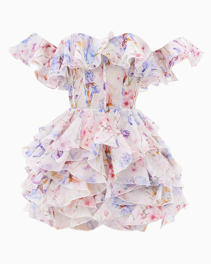 Viola Dress in white floral print with off-shoulder ruffled design — Yvon | Endless UAE