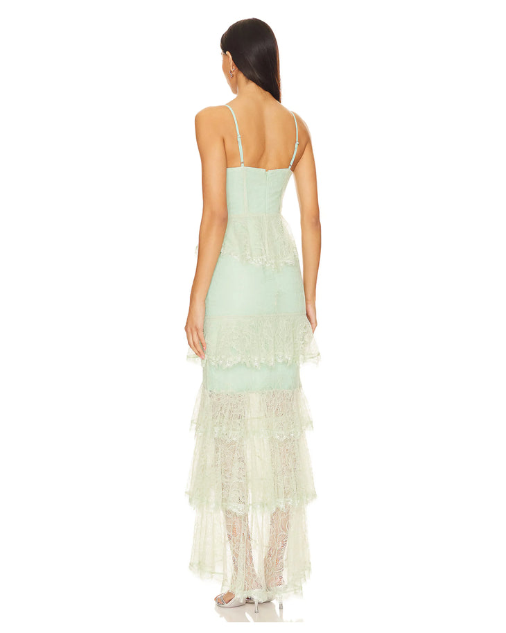 Zelda Fitz Gown in sage green lace with tiered layers and spaghetti straps — Majorelle | Endless UAE