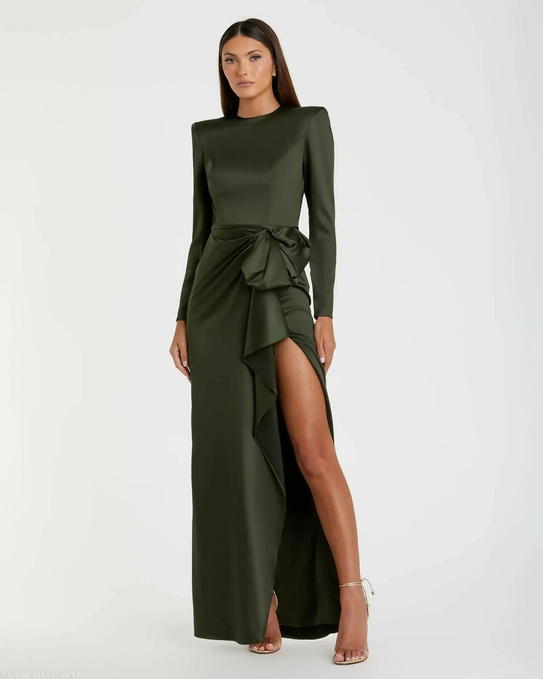 Olive green long sleeve satin gown with structured shoulders and dramatic draped bow detail — Mac Duggal | Endless UAE