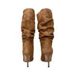 Camel brown velour suede slouchy knee-high boots with stiletto heels, back view — Paris Texas | Endless UAE