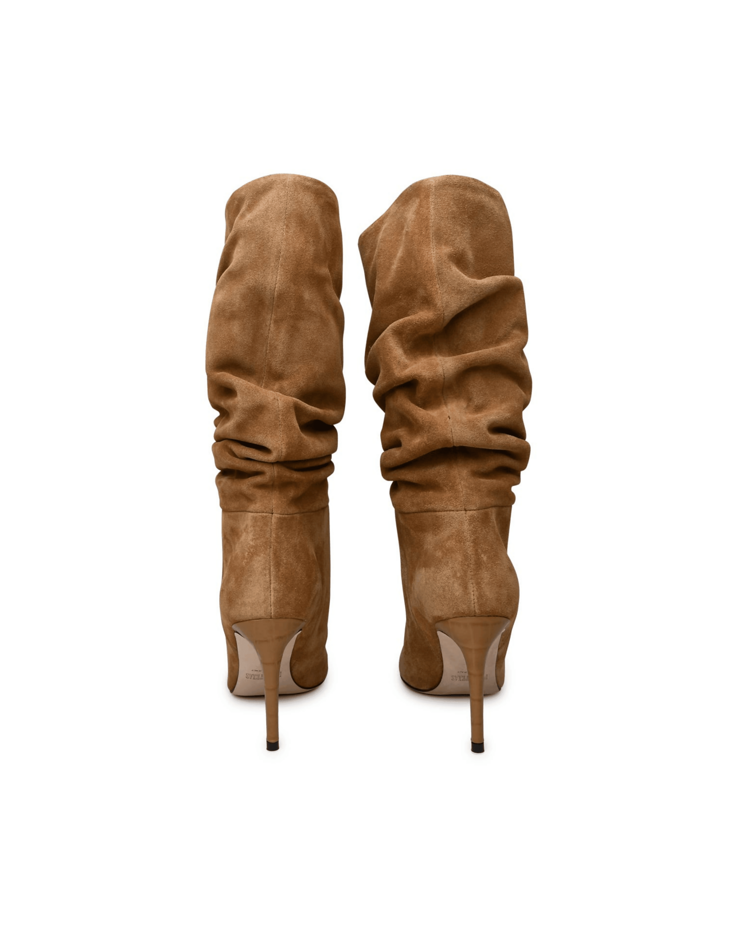 Camel brown velour suede slouchy knee-high boots with stiletto heels, back view — Paris Texas | Endless UAE