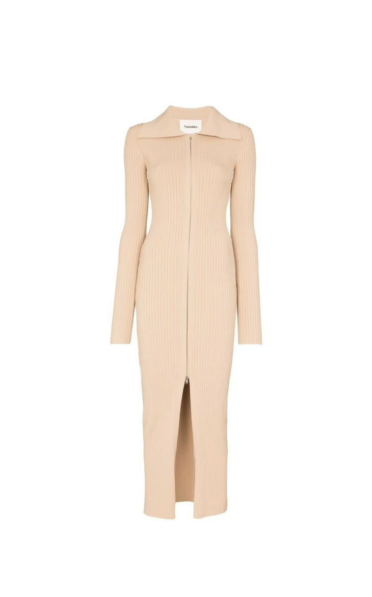 Beige ribbed knit midi dress with collar and front zipper closure — Nanushka | Endless UAE