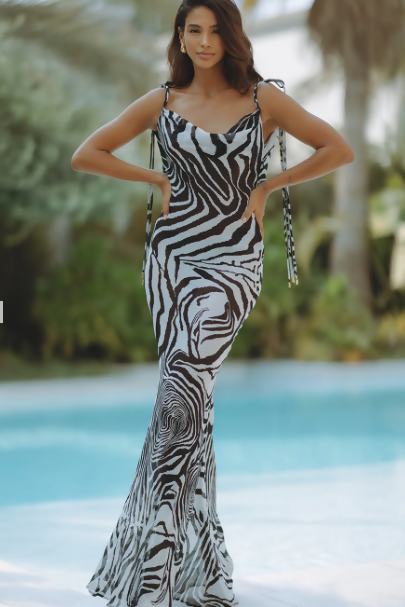 Woman wearing black and white zebra print maxi dress by pool — Endless | Endless UAE