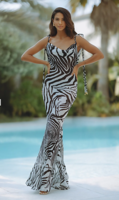 Woman wearing black and white zebra print maxi dress by pool — Endless | Endless UAE
