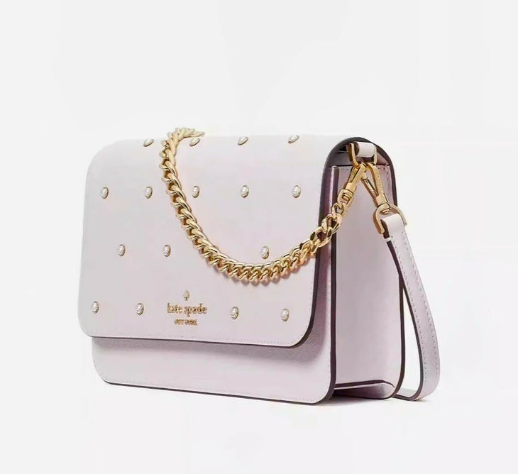 Pale pink leather crossbody bag with stud details and gold chain strap — Kate Spade | Endless UAE