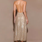 Champagne sequin halter midi dress with plunging neckline — Endless | Endless UAE