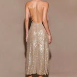 Champagne sequin halter midi dress with plunging neckline — Endless | Endless UAE