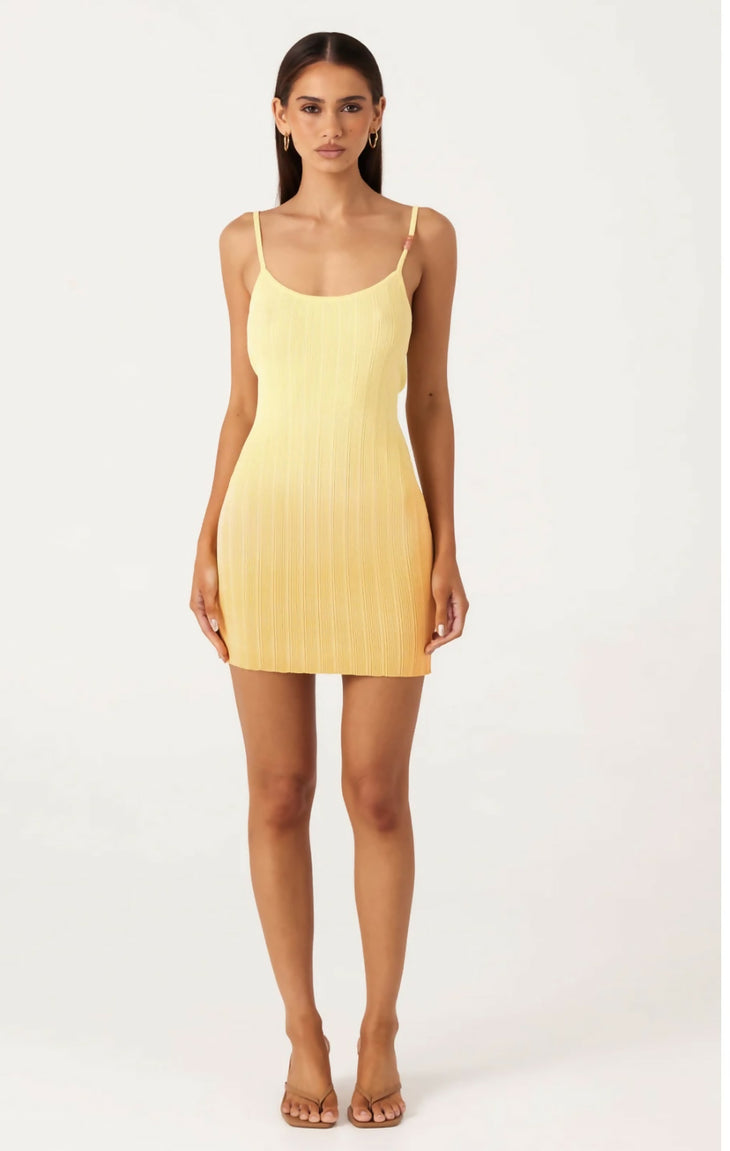 Yellow ribbed knit mini dress with thin straps and scoop neckline on model — SNDYS | Endless UAE
