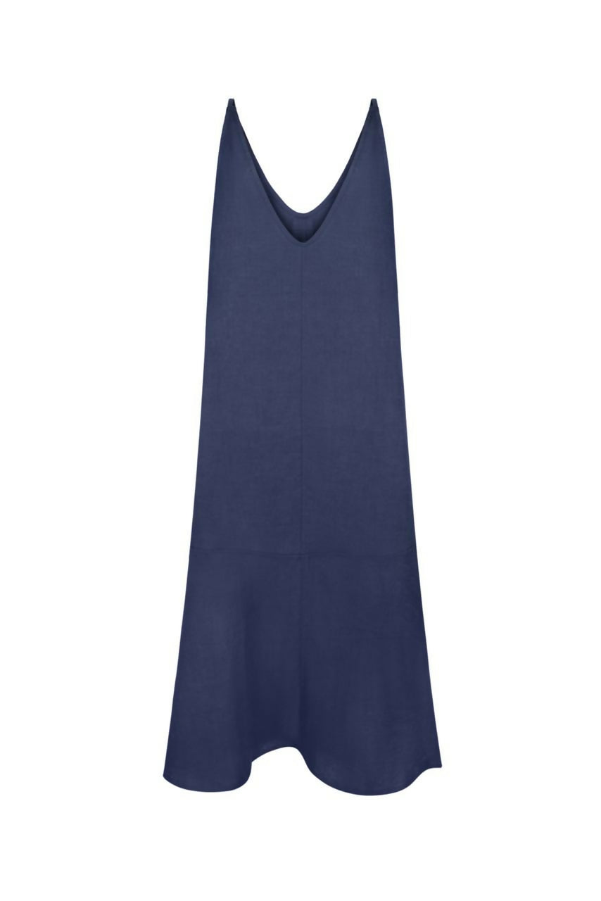 Navy linen sleeveless midi dress with V-neckline and relaxed A-line silhouette — AG Studio | Endless UAE