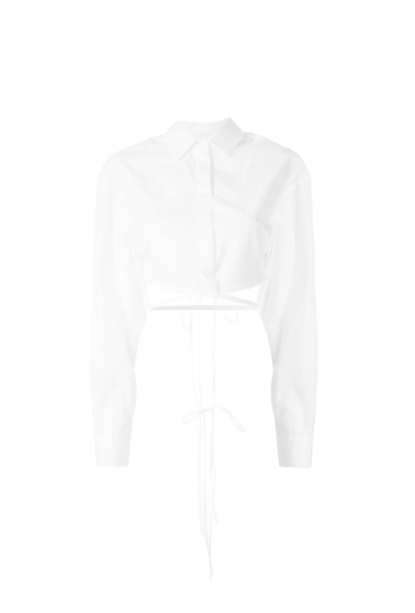 White cropped silk shirt with long sleeves and wrap-around tie detail at waist — Christopher Esber | Endless UAE