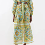 Paisley print cutout midi dress with long sleeves and tie-front detail in turquoise and yellow — Zimmermann | Endless UAE