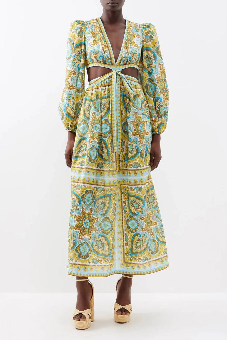 Paisley print cutout midi dress with long sleeves and tie-front detail in turquoise and yellow — Zimmermann | Endless UAE