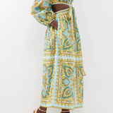 Paisley print midi dress with puff sleeves, tie-front crop top and flowing skirt in turquoise and gold — Zimmermann | Endless UAE