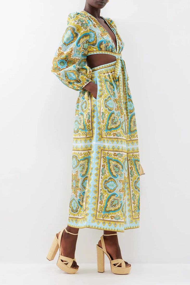 Paisley print midi dress with puff sleeves, tie-front crop top and flowing skirt in turquoise and gold — Zimmermann | Endless UAE