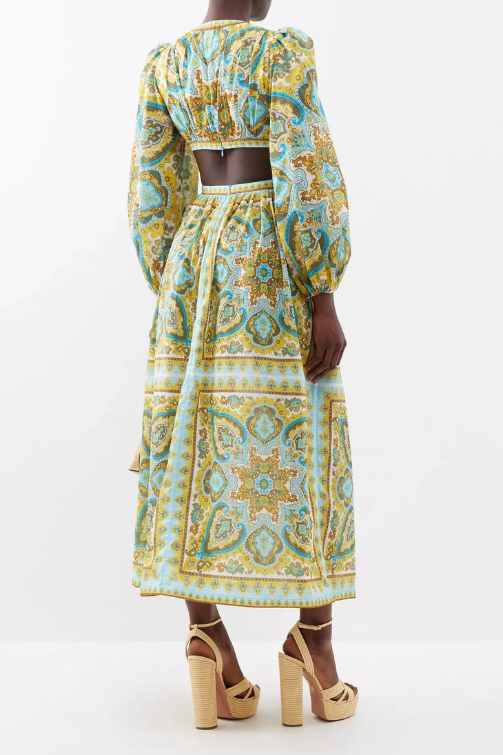 Paisley printed midi dress with cut-out back, balloon sleeves, and tie-front detail in turquoise and yellow — Zimmermann | Endless UAE