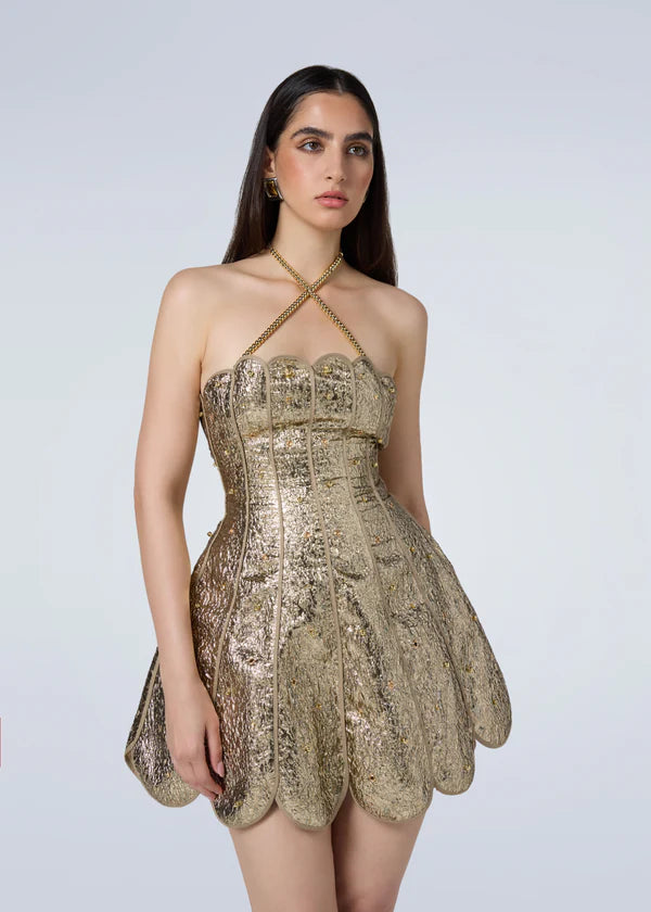 Gold sequin halter mini dress with scalloped hem — Mayka | Endless UAE