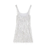 White fringed mini dress with square neckline and sleeveless design — ILTA | Endless UAE