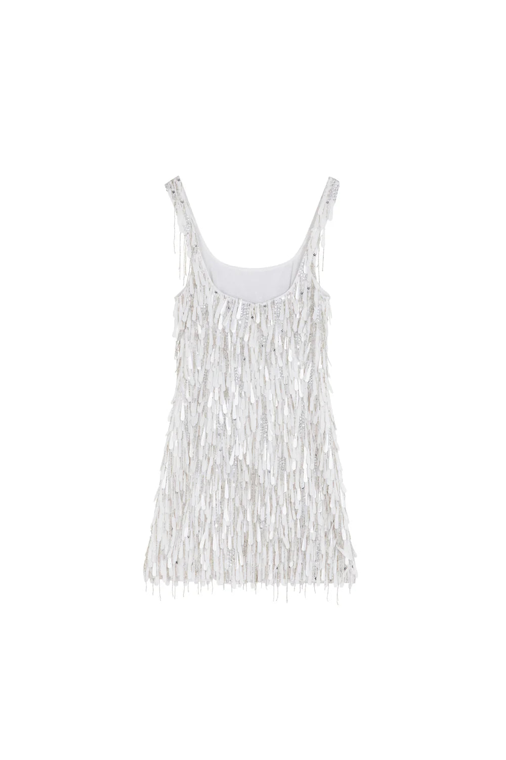 White fringed mini dress with square neckline and sleeveless design — ILTA | Endless UAE