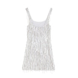 White fringed mini dress with square neckline and sleeveless design — ILTA | Endless UAE