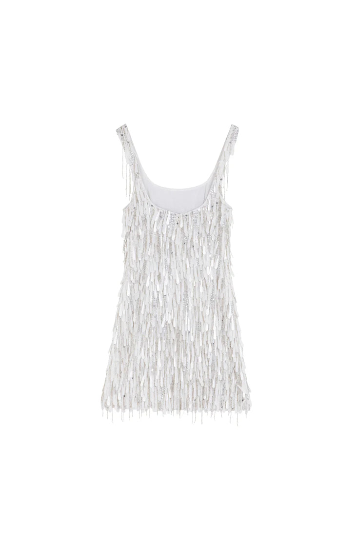 White fringed mini dress with square neckline and sleeveless design — ILTA | Endless UAE
