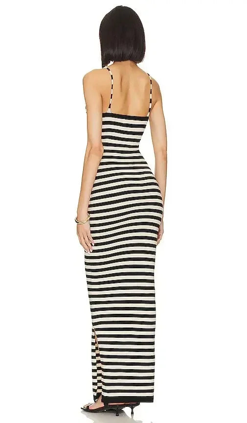 Black and white striped maxi dress with deep V-neckline and side slit — SNDYS | Endless UAE