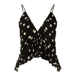 Black polka dot pleated camisole top with thin straps and flowing ruffled hem — Khaite | Endless UAE