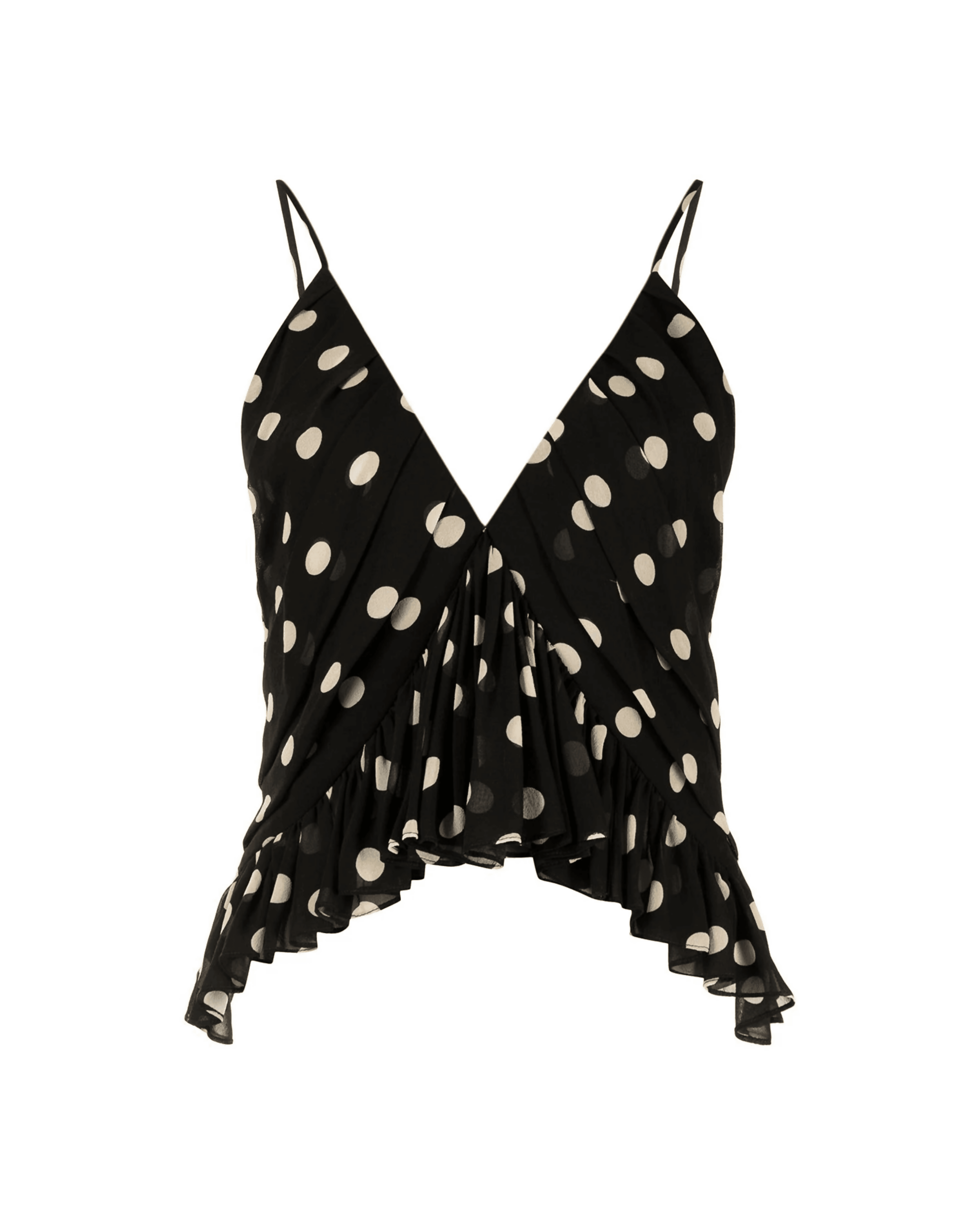 Black polka dot pleated camisole top with thin straps and flowing ruffled hem — Khaite | Endless UAE