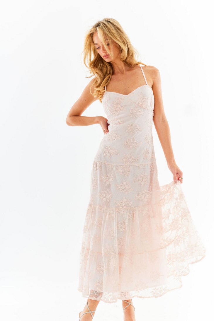 Elegant pale pink lace maxi dress with spaghetti straps and tiered skirt — Amy Jane London | Endless UAE
