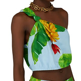 Woman wearing tropical print one-shoulder crop top with banana leaf and flower design in green, yellow and red — Farm Rio | Endless UAE