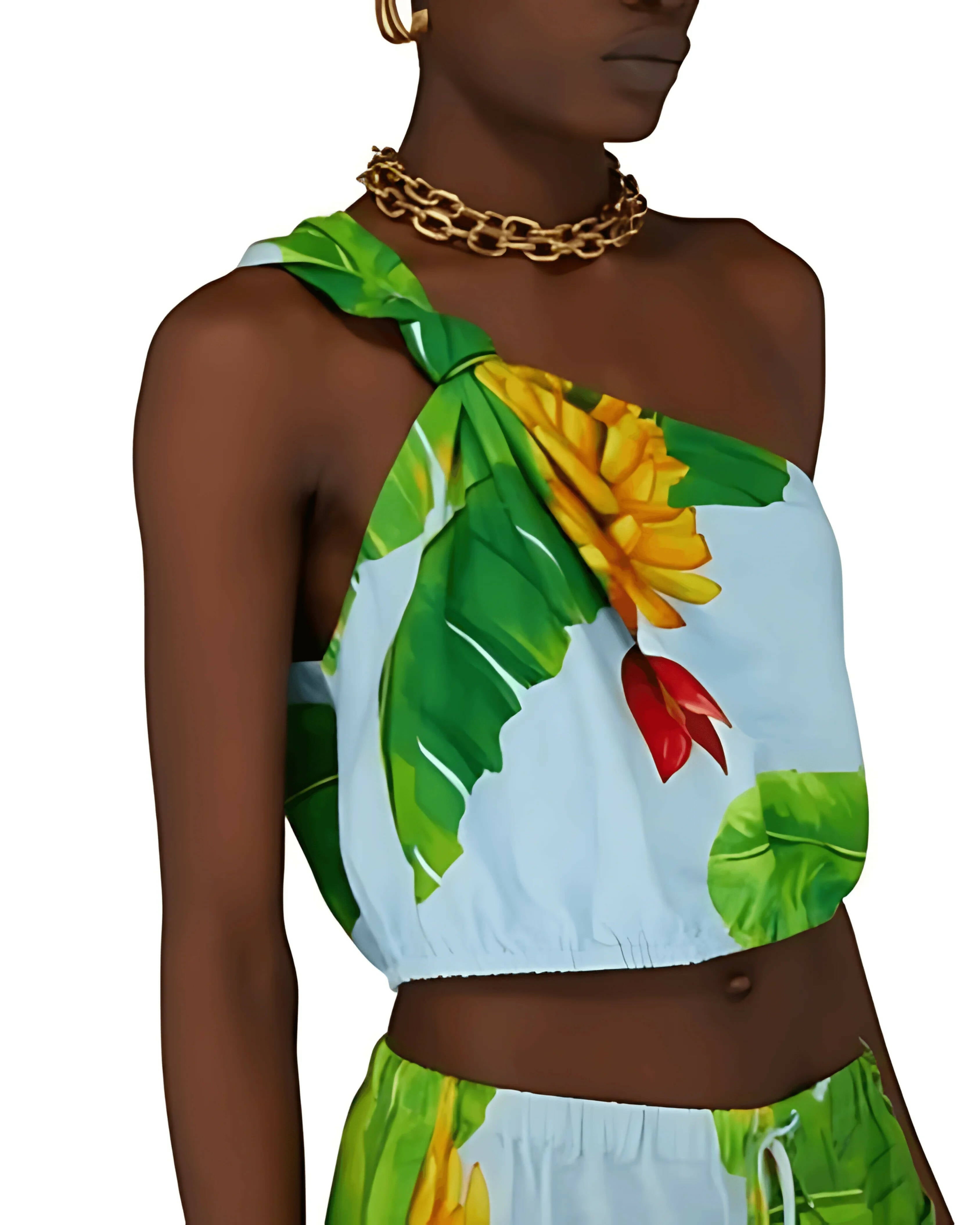Woman wearing tropical print one-shoulder crop top with banana leaf and flower design in green, yellow and red — Farm Rio | Endless UAE