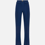 Navy blue high-waisted crepe trousers with flap pockets and gold logo plaque detail — Elisabetta Franchi | Endless UAE