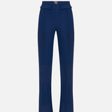 Navy blue high-waisted crepe trousers with flap pockets and gold logo plaque detail — Elisabetta Franchi | Endless UAE