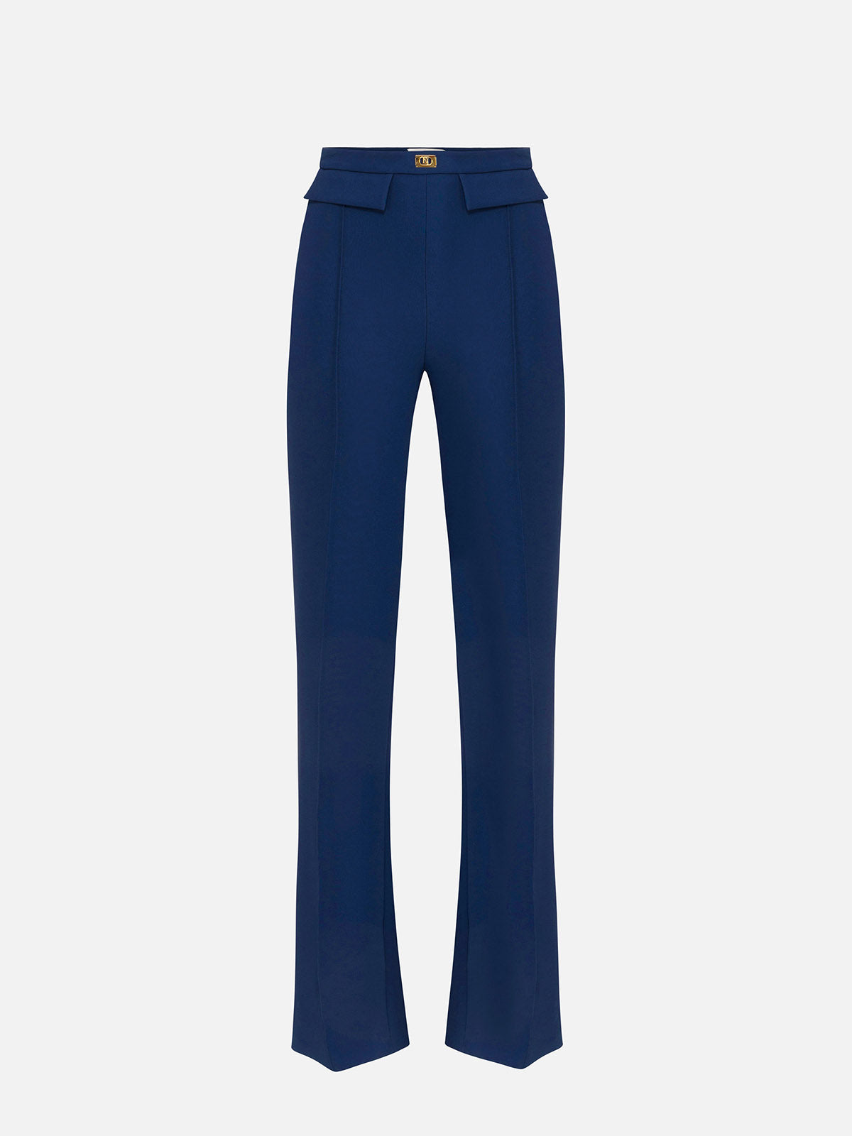 Navy blue high-waisted crepe trousers with flap pockets and gold logo plaque detail — Elisabetta Franchi | Endless UAE
